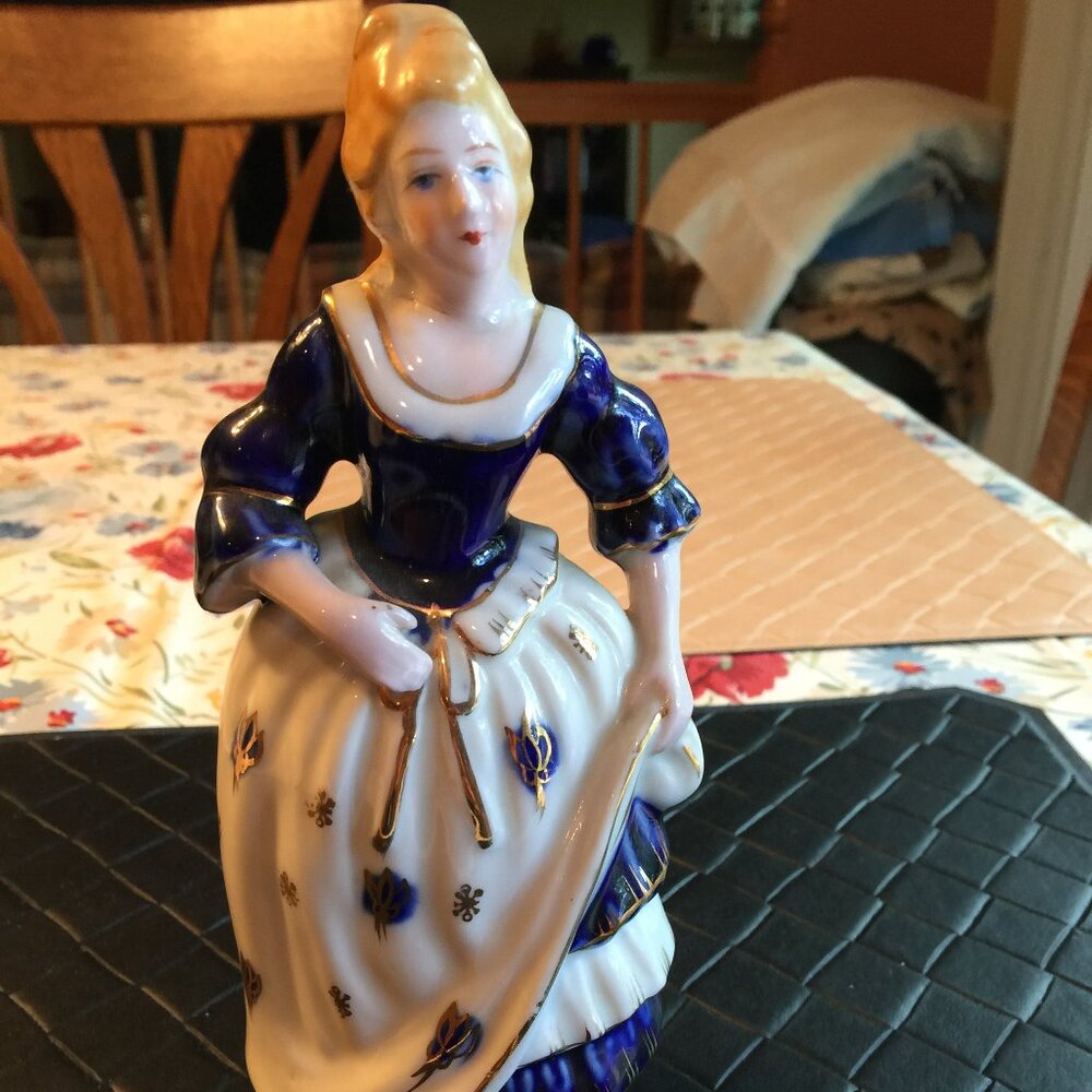 Morirame Statue of Woman with Blue & White Dress from Occupied Japan 1151